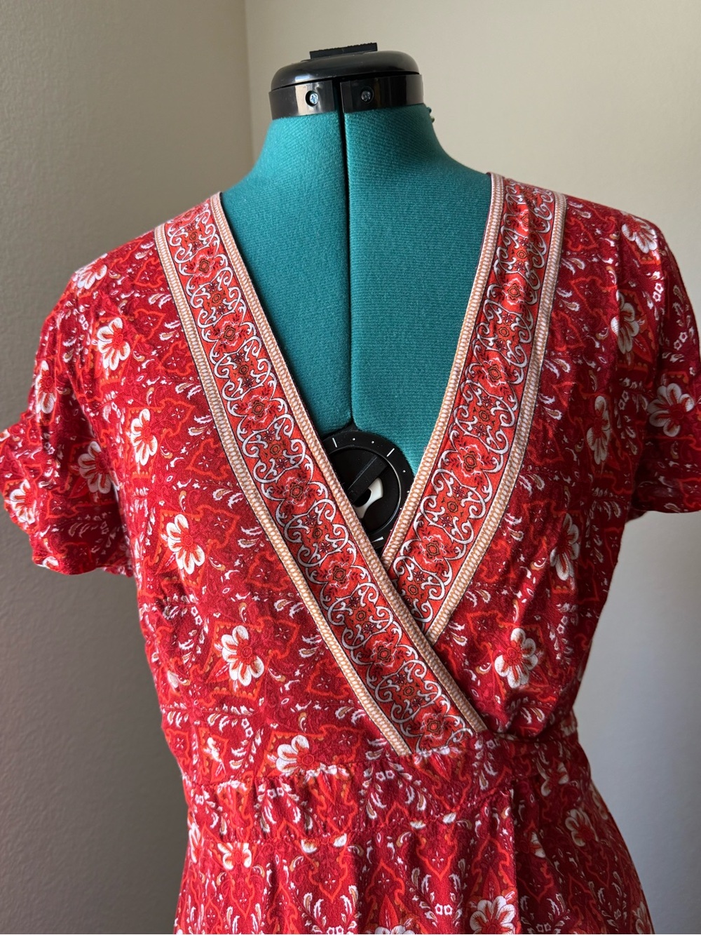 Red Floral Maxi Dress with Embroidered V-Neck